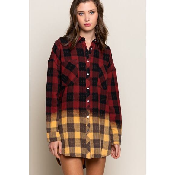 POL Bohemian Inspired Plaid Ombré Button Down Size Women M Medium‎ Oversized Fit - Picture 1 of 9